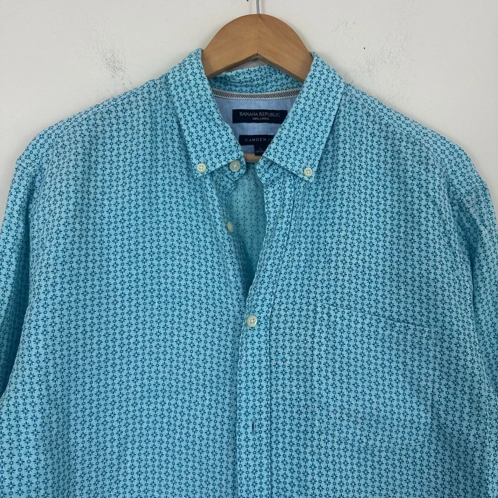 Banana Republic Shirt Blue Floral 100% Linen Camden Fit Button Down Mens Large